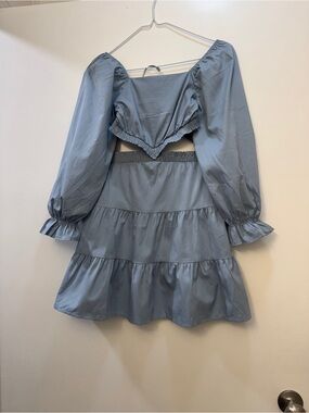 Boutique Dusty Blue Puff Sleeve Tiered Two-Piece Dress Set